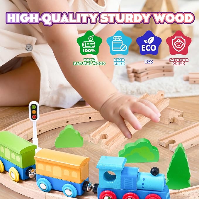 172Pcs Wooden Train Set for Toddlers, Wooden Train Track - Expandable and Changeable, Safe Educational Train Toys Gift for Boys & Girls Kids Ages 3-5 4-8, Compatible with All Major Brands