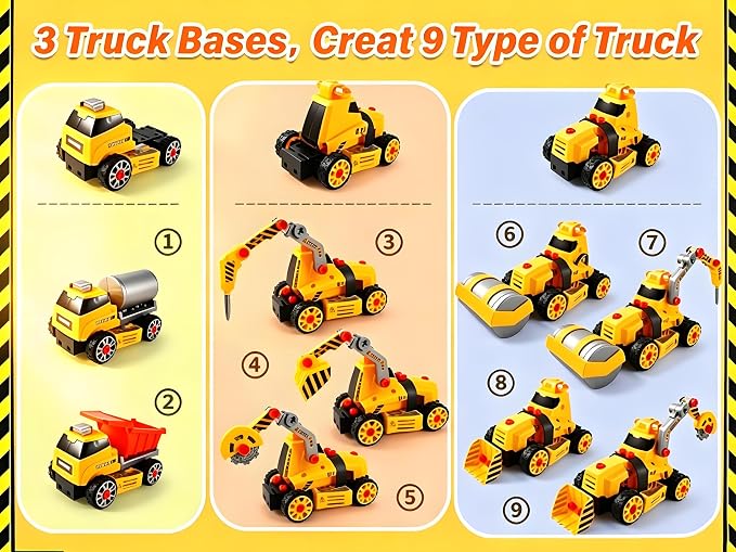 FLY2SKY Take Apart Toys for 3 4 5 6 7 8 Year Old Boys 9 in 3 Construction Toy with Electric Drill Take Apart Truck Set DIY Engineering Building Toy Push & Go STEM Toy Gift for Boys Toys Age 6-8