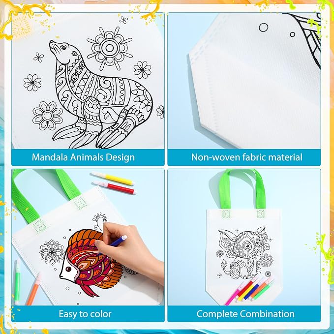 Pasimy 72 Pcs Mandala Animals Coloring Set Include 24 Mandala Animal Coloring Books 24 Color Your Own Gift Bags 24 Sets Markers for Kids DIY Painting Art Birthday Party Favor Classroom Activity Craft