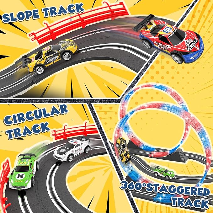 Slot Car Race Track Sets with 4 Slot Cars, 2 in 1 Electric Race Car Track Include Slope Circular Overpass Track, Dual Racing Game Featuring Flash Tracks, Gifts Toys for Boys Kids Age 6 7 8-12