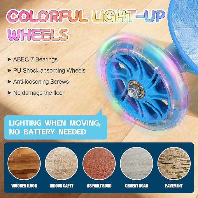 Scooters for Kids 3-5 Years Age 3-Wheel Light Up Scooter with Flexible Steer & 3-Adjustable Height for Boys Girls Outdoor Indoor Recreational Transport Blue Pink Orange