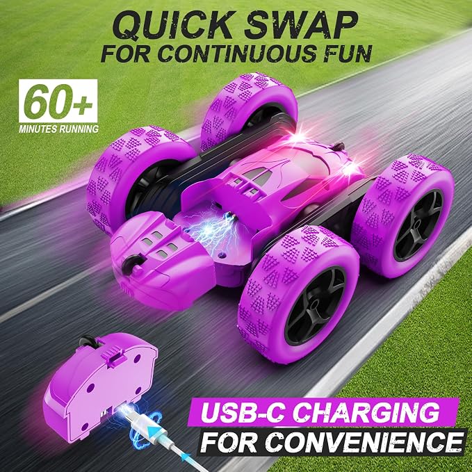 QUNREDA RC Cars, Purple Remote Control Car for Girls, 2.4 GHZ Double Sided RC Stunt Car 360° Rotating Remote Control Crawler with Headlights Car Toys for 6 7 8 9 10 11 12 Girls Birthday Gift