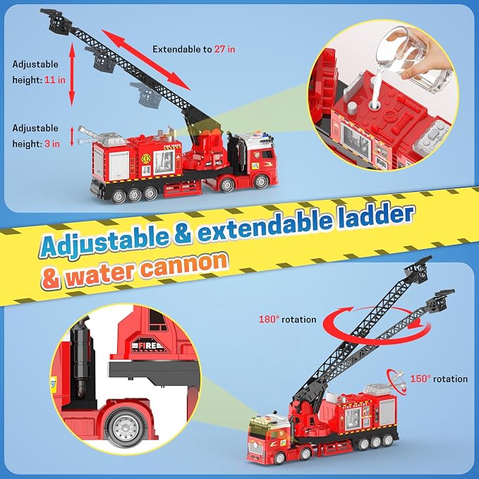 Extra Large Fire Truck Toys for Kids, 27'' Extendable Ladder 180° Rotating, Light & Sound Fire Trucks for Toddlers 3-5, Inertia Drive Firetruck Toys, Dual Water Spray Nozzles, for 3+ Boys