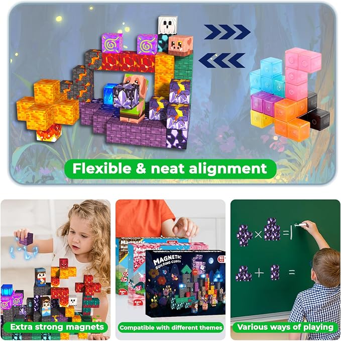 Magnetic Blocks with Light up Blocks -150PCS Magnetic Blocks for Kids Ages 4 5 6 7 8+, Magnetic Building Blocks Cubes, STEM Learning Toy for Kids, Easter Birthday Gift for 3-8 Year Old Boys Girls