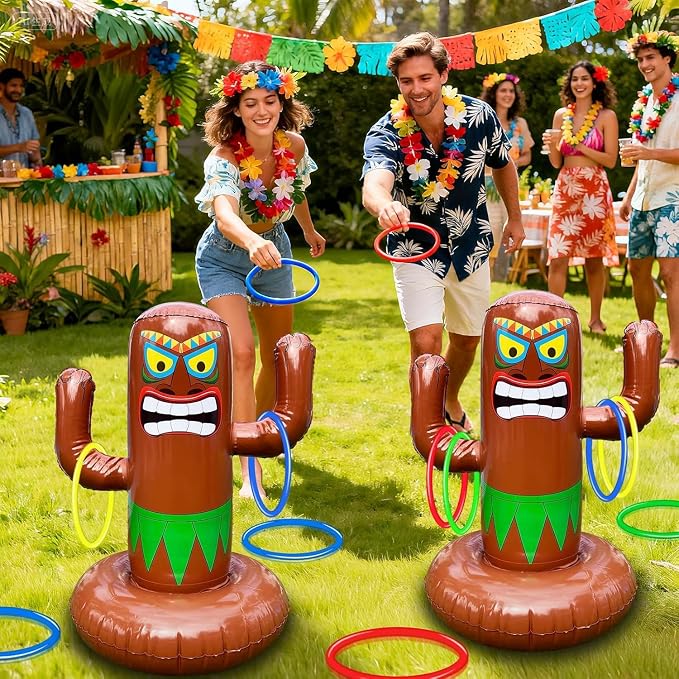 27" Inflatable Luau Tiki Pool Toss Games, Tiki Pool Ring Toss Toys with 4 Rings for Adults Indoor Outdoor Tropical Summer Swimming Inflatable Bean Bags Toss Hawaiian Luau Party Supplies