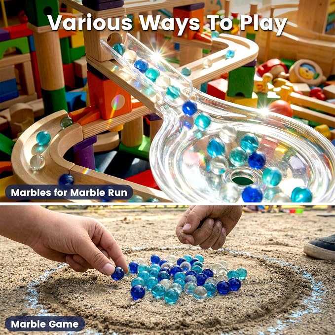 FUTUREPLUSX 75PCS Blue Marbles Bulk, for Kids Marble Run Games, Fillers Aquarium Pebbles