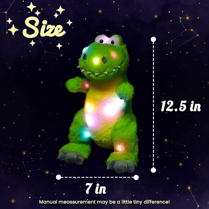 Hopearl LED Plush Dinosaur Lighting Up T-Rex Stuffed Animal Floppy Night Lights Glow in The Dark Birthday Festival for Kids Toddler Girls, Green, 12.5''