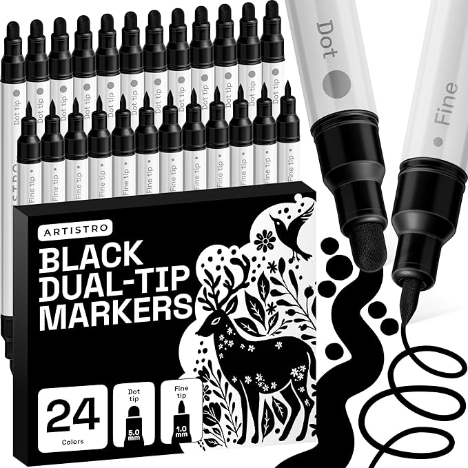 ARTISTRO 24 Black Dual-Tip Acrylic Paint Markers – Paint Pens Set with Dot & Fine Tips for Fabric, Rock, Glass, Wood, Coloring Books – Arts & Crafts Gift – Classroom Must Haves & School Supplies