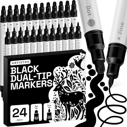 ARTISTRO 24 Black Dual-Tip Acrylic Paint Markers – Paint Pens Set with Dot & Fine Tips for Fabric, Rock, Glass, Wood, Coloring Books – Arts & Crafts Gift – Classroom Must Haves & School Supplies