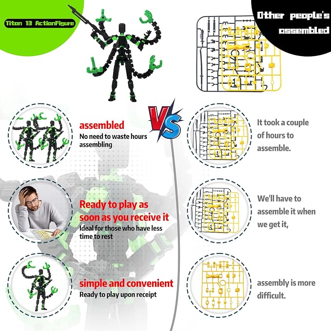 Already Assembled T13 Action Figure Accessories, T13 Multi-Jointed Movable,for Collectors Desktop Decorations t-13 Movability 3D Printed Toys (Black Green, 5.5inch)