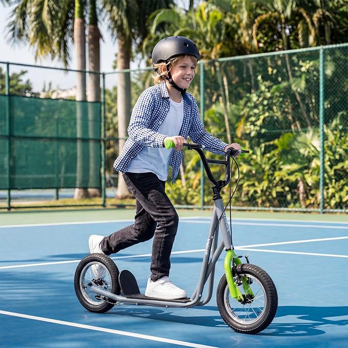 GYMAX Scooter, Kids & Adults Off-Road Scooter with 12" Inflatable Wheels, Adjustable Height Handlebar, V-Type Handbrakes & Axle Pegs for All Terrain, 8+