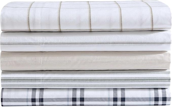 Nautica – Queen Size Sheet Set, Crisp Cotton Percale Bedding with Matching Pillowcases, Lightweight & Breathable Bed Sheets, Deep Pocket, College Dorm Room Essentials (Penny Pinstripe Brown)