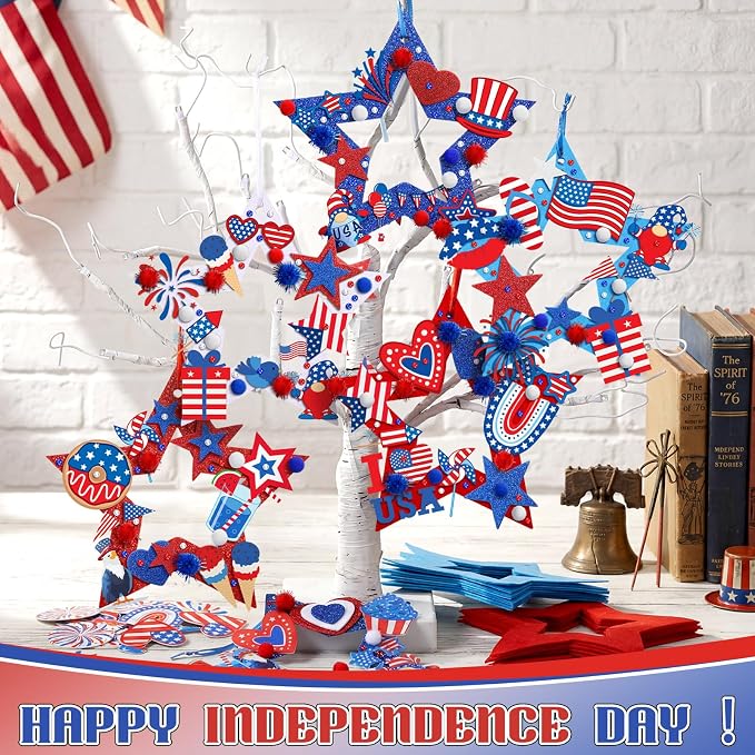 704 Pcs 4th of July Wreath Craft Kit Patriotic DIY Craft Kit Red White Blue Wreath Hanging Ornament with Star Hat Felt Sticker for Memorial Independence 250th Anniversary Party Activities Decor