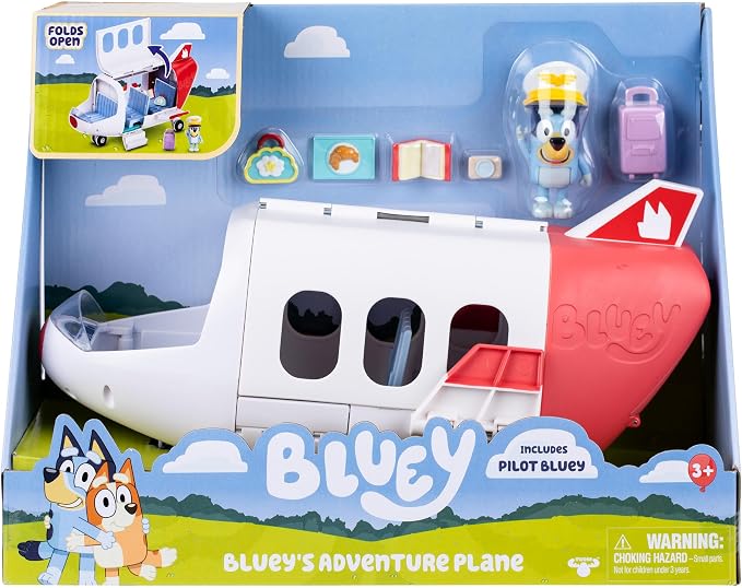 Bluey Adventure Plane, Airplane Toys, Pilot Figure and Accessories | Open side with fold-down stairs, family seating, and luggage storage in this airplanes for kids playset