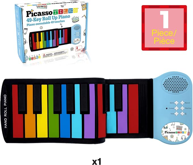 PicassoTiles Electronic Piano 49Key Flexible Roll-Up Keyboard with Recording Feature 8 Tones 6 Demo Songs Built-in Speaker Educational Music Toy for Kids Toddlers Boys Girls Rainbow Color Design PT49