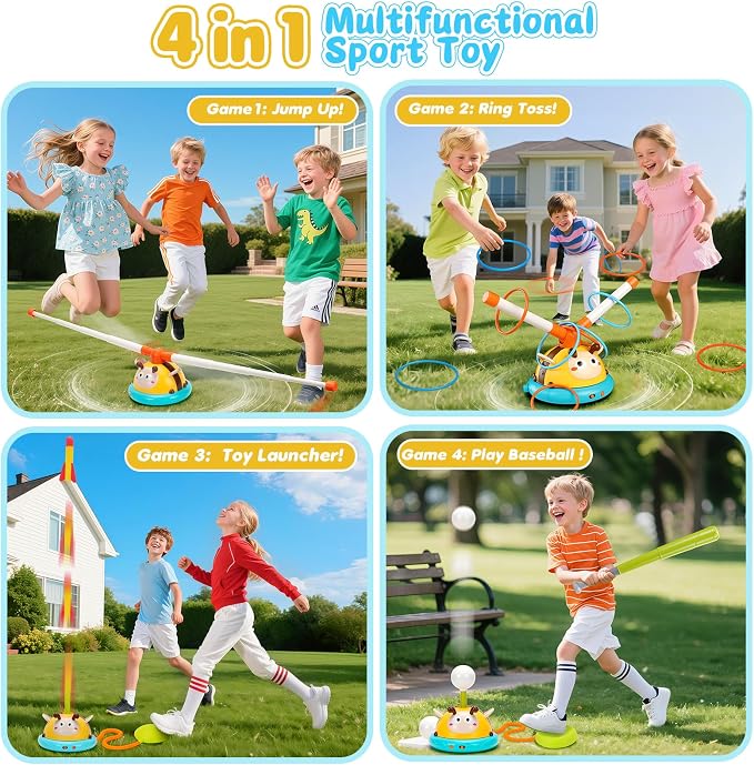 Outdoor Toys for Kids 4-8, 4-in-1 Musical Jump Toy, Toss Ring & Baseball Game, Indside Outside Active Play Sports Toy for Toddlers Ages 3-5, for Boys Girls 3 4 5 6 7 8