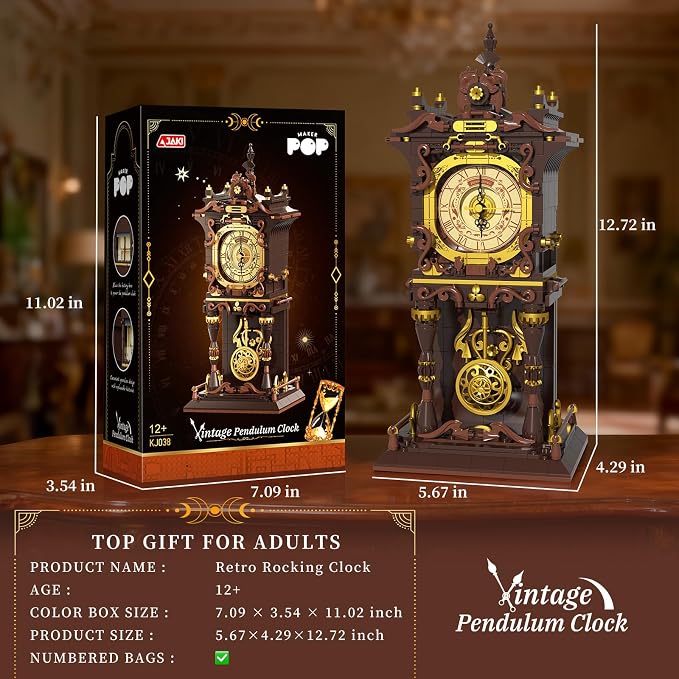 Vintage Swing Clock Building Blocks Set, Real Working Moving Pendulum & Rotating Dial, Mechanical Building Blocks Toys, Gift for Adults Teens Girls Boys 12+, Retro Steampunk Home Decor