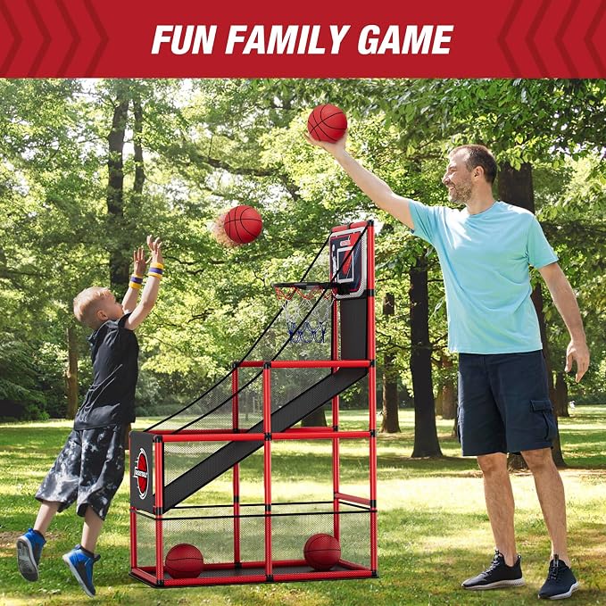HYES Basketball Arcade Game Indoor Outdoor, Kids Basketball Hoop with 4 Balls & Pump, Single Shot Basketball Game at Home, Carnival Games Sport Toys for Boys Girls Teens