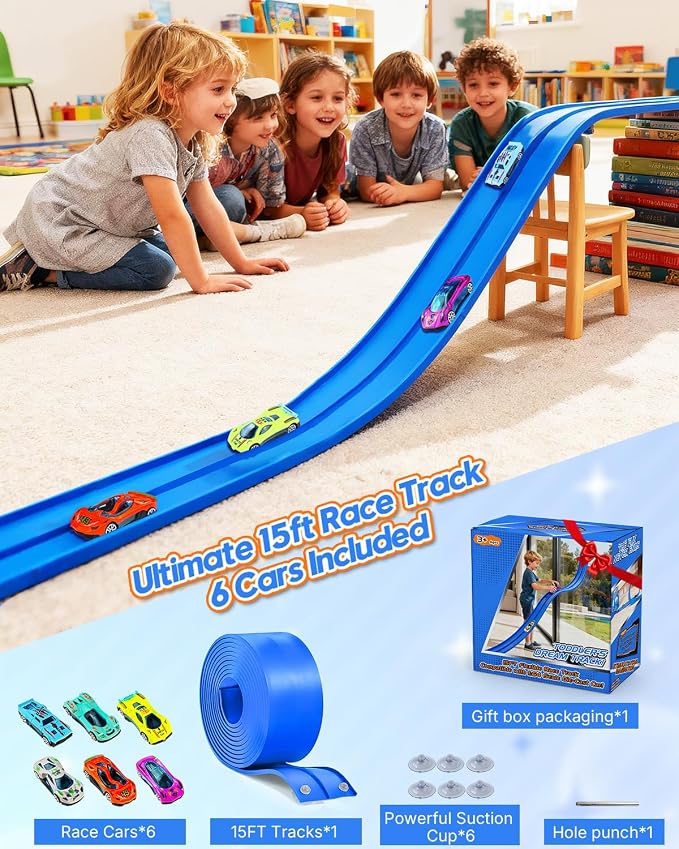 15 Ft Flexible Car Tracks for Kids Age 3 Up, Race Track with 6 Toy Cars, Flex Track Compatible Diecast 1/64 Cars with Suction Cups, Birthday for Boys (Blue)
