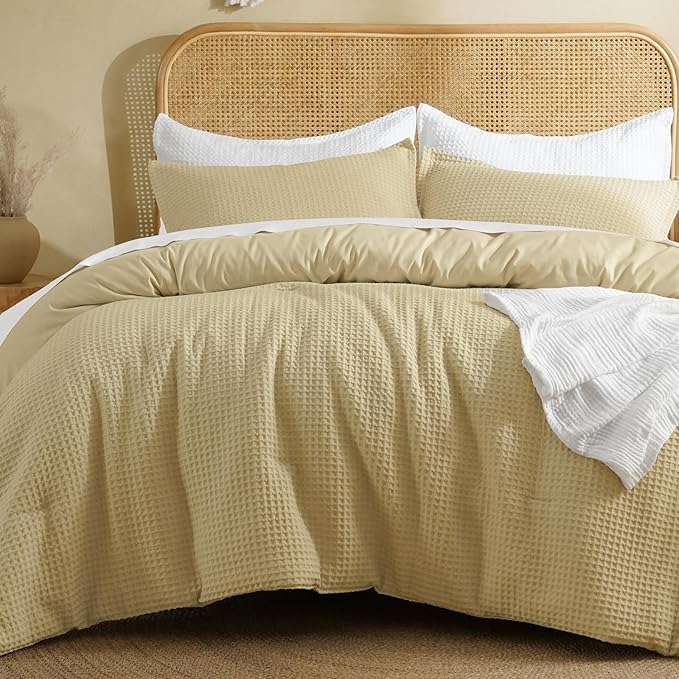 David's Home Waffle Weave Comforter Set 3PCS Queen Size, Soft Breathable Lightweight Cozy Skin-Friendly Warm for All Season, Elegant Aesthetic Home Decor Bedding Set with Pillow Shams, Pale Khaki