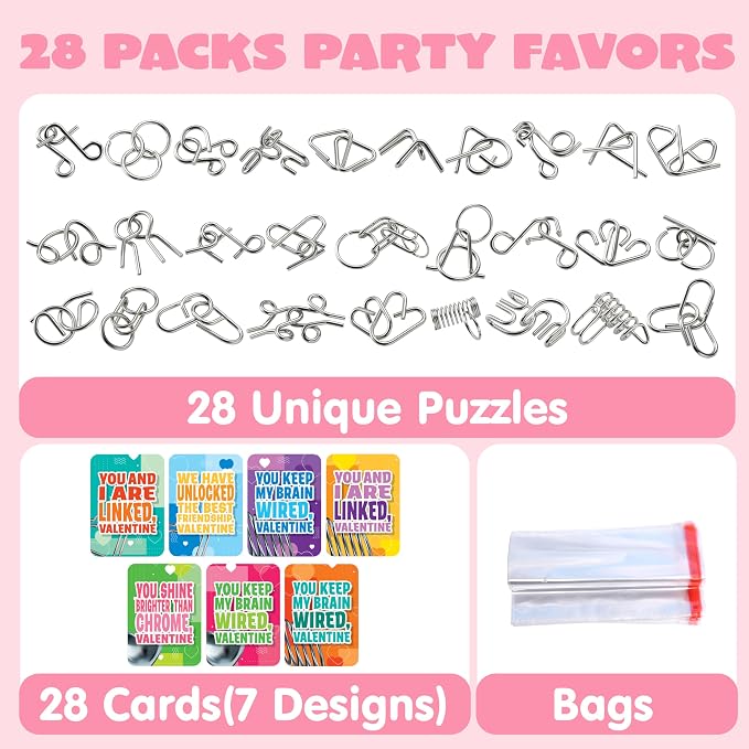 JOYIN 28PCS Valentine's Day Metal Wire Puzzles with Cards for Kids, Brain Teaser Puzzles with Explanation of the Solution and Valentine's Day Cards, School Classroom Boys Girls Exchange Gifts
