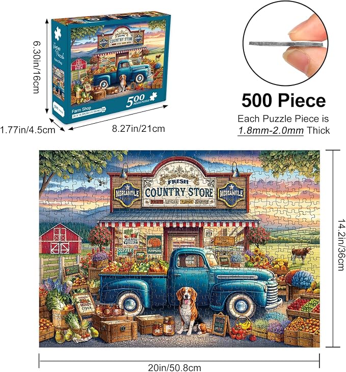 Rocorose 500 Pieces Puzzle for Adults, Countryside Landscape Puzzle Challenging Country Store Jigsaw Puzzles Holiday Party Gift Farm Home Decor Perfect for Game Nights
