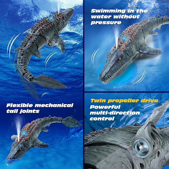 fromeasy Remote Control Dinosaur Toys for Kids 3 4 5 6 7, Mosasaurus Diving Toys RC Boat with Light and Spray Water for Swimming Pool Lake Bathroom Ocean Protector Bath Toys
