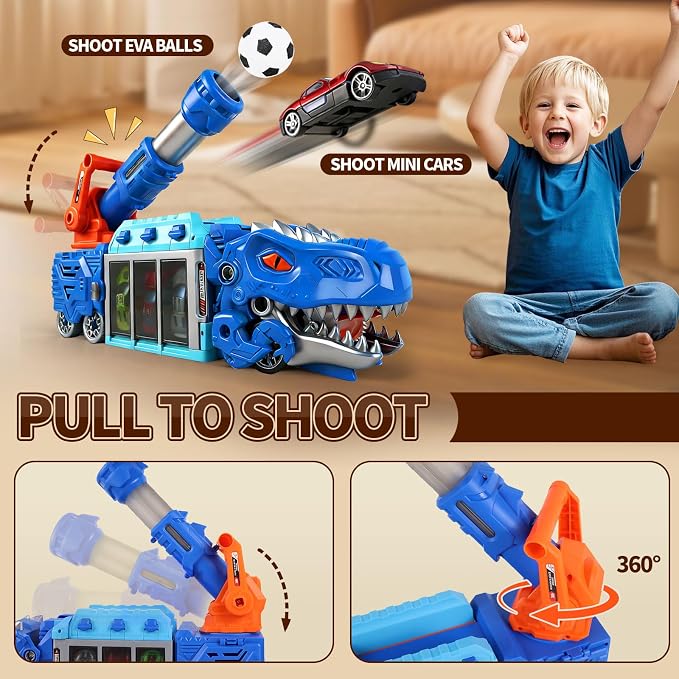 STBEIMEIMY T-Rex Dinosaur Truck, Foldable Storage & Ejection Shooting with 10 Cars Foldable Carrier Stores 10 Cars & 12 Balls, Fun Shooting Game, Sturdy for Active Play, Great for Travel