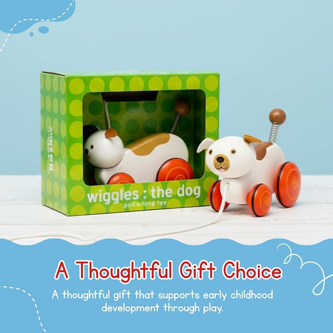 Jack Rabbit Creations- Wiggles The Dog Wooden Pull Toy- Classic Retro Toy for Toddlers- Durable Wooden Construction- Smooth Rolling Wheels- Encourages Imaginative Play-18 Months+