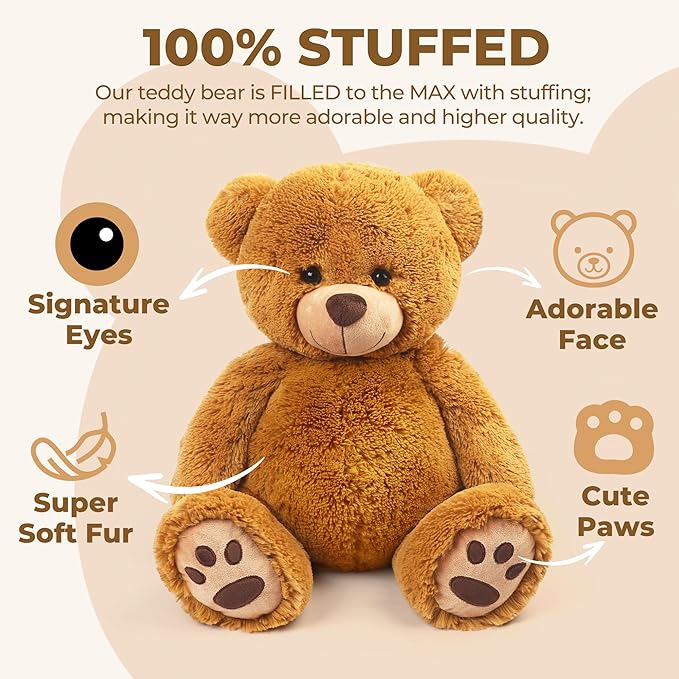 LotFancy Teddy Bear Stuffed Animals, 20 inch Soft Cuddly Cute Plushies, Plush Toys with Footprint Design, Stuffed Animals for Girls Kids Baby Toddlers, Baby Shower Easter Birthday Gift Decor, Brown