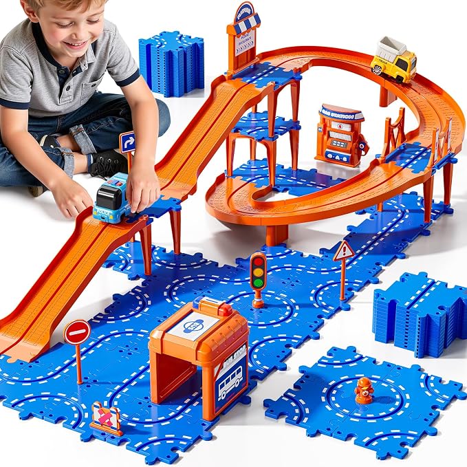 Toddler Puzzle Race Cars Track Toys for Kids Age 3-5 2-4 Years, 59PCS Puzzles Car Track Set Includes 2 Cars and Road Signs, Educational Birthday Gifts for Kids, Boys and Girls