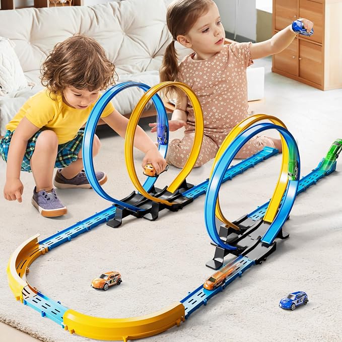 MSKOLER Car Race Track Sets for Kids 3 4 5 6 7 8 9 Years Old - Toy Car Track Set for Boys 3-5 6-8 8-12, Competitive Racing Game with 4 Small Cars, Boys Toy, Gifts Toys Cars for Toddlers Girls 3-8