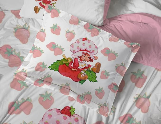 Jay Franco Strawberry Shortcake Full Comforter Set - 7 Piece Bedding Includes Sheet Set & Pillow Covers - Super Soft Pink & White Kids Bedding