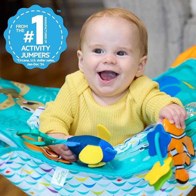 Bright Starts Disney Baby Finding Nemo Pop 'N Jump Portable Baby Jumper, Foldable Indoor/Outdoor Baby Jumper with Sensory Activities, Ages 6–12 Months