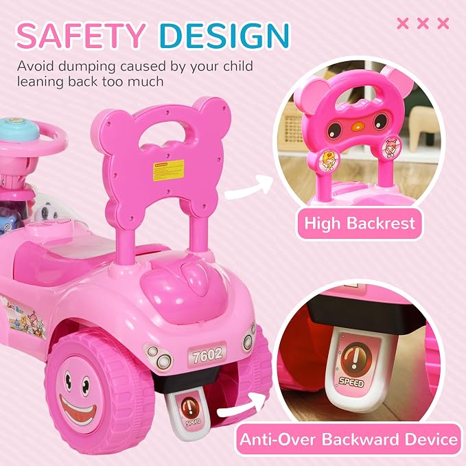 Qaba Toddler Push Car, Foot to Floor Ride on Toy with Horn, Light, Music, Steering Wheel, Anti-Over-Backwards Device & Under Seat Storage, Baby Sliding Car for Boys Girls 18-36 Months, Pink