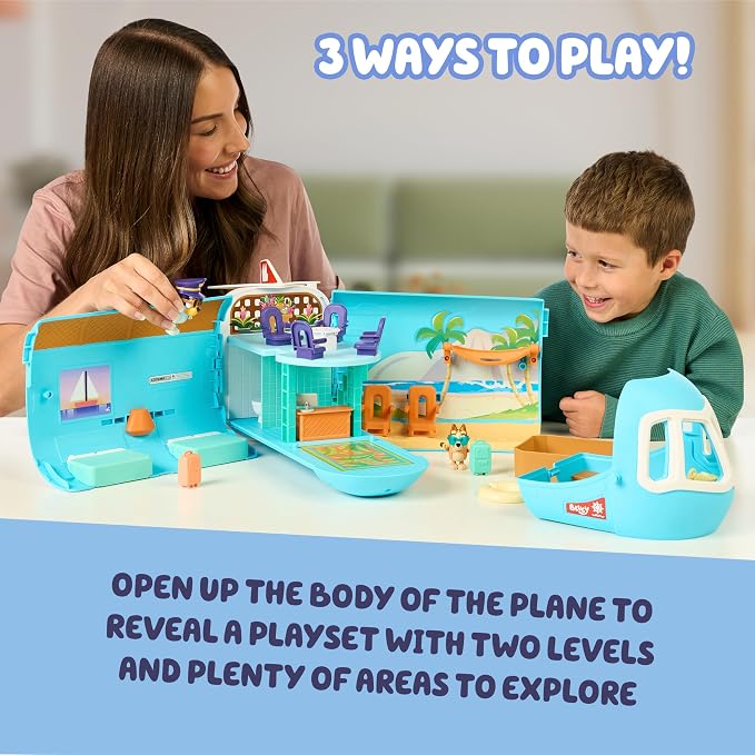 Bluey 3-in-1 Transforming Airplane Toys for Kids, Resort & Boat | Includes 15 accessories, 5 figures, and 25+ sounds from the show for toy figures & playsets fans ages 3+
