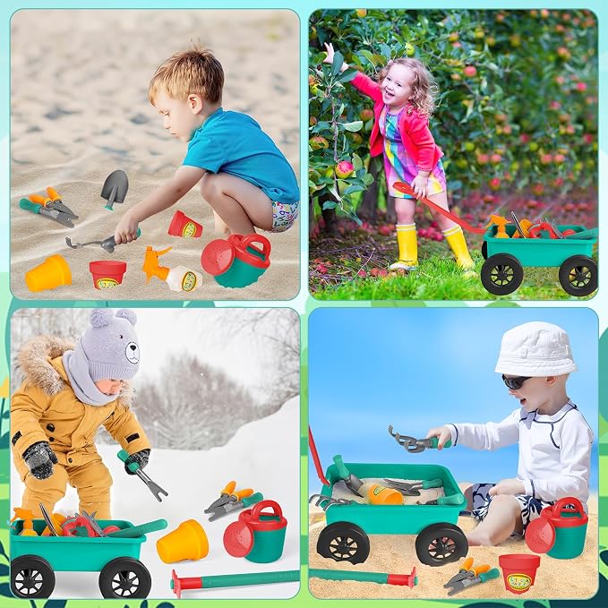 deAO Kids Garden Wagon Wheelbarrow and Gardening Tools Play Set Includes 10 Accessories and 4 Plant Pots,Great Outdoor Toddler Toys Kids Gardening Set