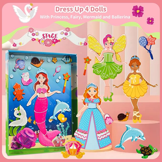 Magnetic Dress Up Dolls for Girls,Princess Mermaid Fairy Ballerina Magnet Dolls Dress Up Kits,Car Road Trip Airplane Activity Travel Games Toys Birthday Gift for Girls Ages 3 4 5 6 7