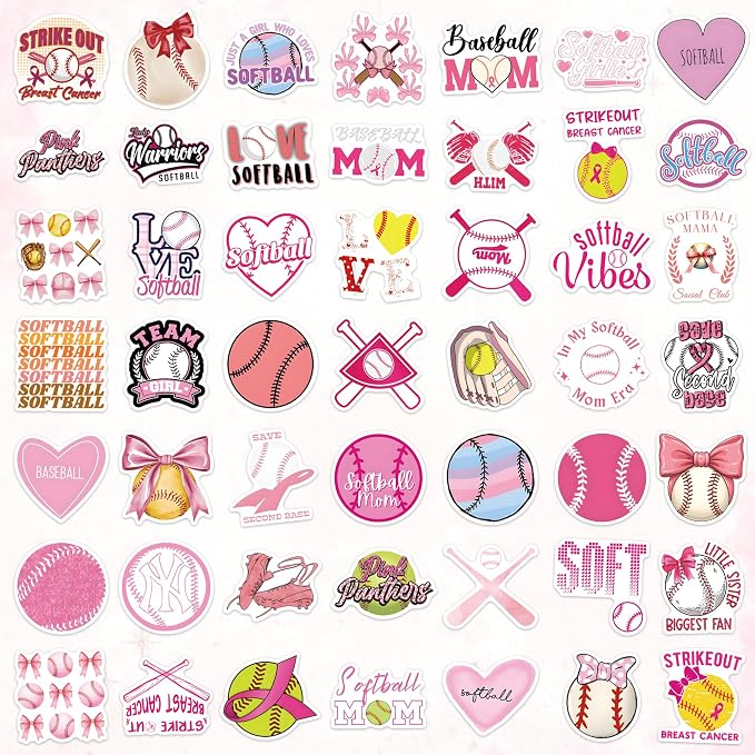 QTL Pink Softball Stickers for Girls Teens, Softball Party Supplies, Waterproof Vinyl Stickers for Water Bottle Laptop, 50Pcs
