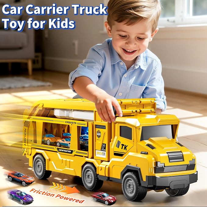 3-in-1 Kid Carrier Truck Toy Car Tracks for Toddlers 2-4 Years Old with 12 Racing Cars Toys, Foldable Chasing Race Track and Car Garage, Car Ramps Birthday Gift for Boys Girls 3-5 4-8(Yellow)