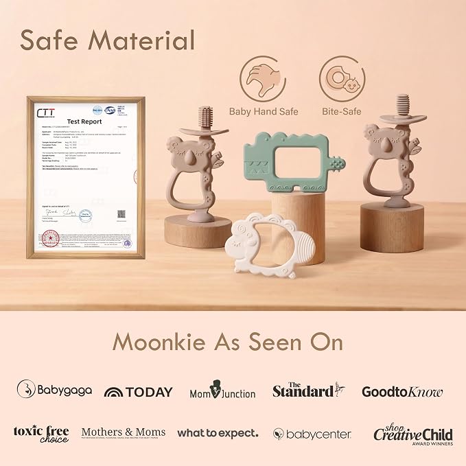 Moonkie Teething Toy, Safe & Easy to Hold BPA Free Silicone Teethers, 360° Baby Toothbrush with Suction Base, Teether Toys Best for Babies 6-12 Months (Koala Lunar Grey)