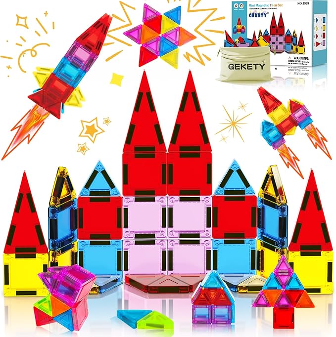 Mini Magnetic Tiles for Kids, Magnetic Building Set, Construction STEM Travel Toys for Boy Girl Ages 3+, Montessori Preschool Learning Educational Sensory Magnet Creative Toy Gift for Toddlers, 32 Pcs
