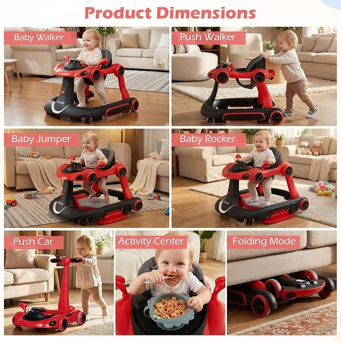 INFANS 6-in-1 Foldable Baby Walker, Converts Push Car to Bouncer, Rocker with Music, Lights, Adjustable Height & Speed, Activity Center, Canopy for 7-18 Months (Red)
