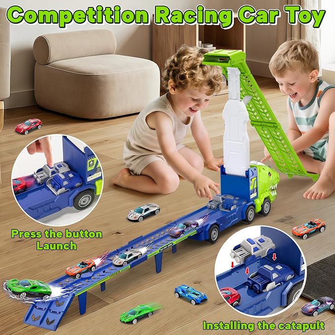 BainGesk Dinosaur Truck Car Toys for 3, 4, 5, 6 Years Old Boys Girls, 3 in 1 Carrier Truck with 2 Foldable Race Tracks, Transport Car with 6 Metal Cars, Birthday Toys Gifts for Toddlers