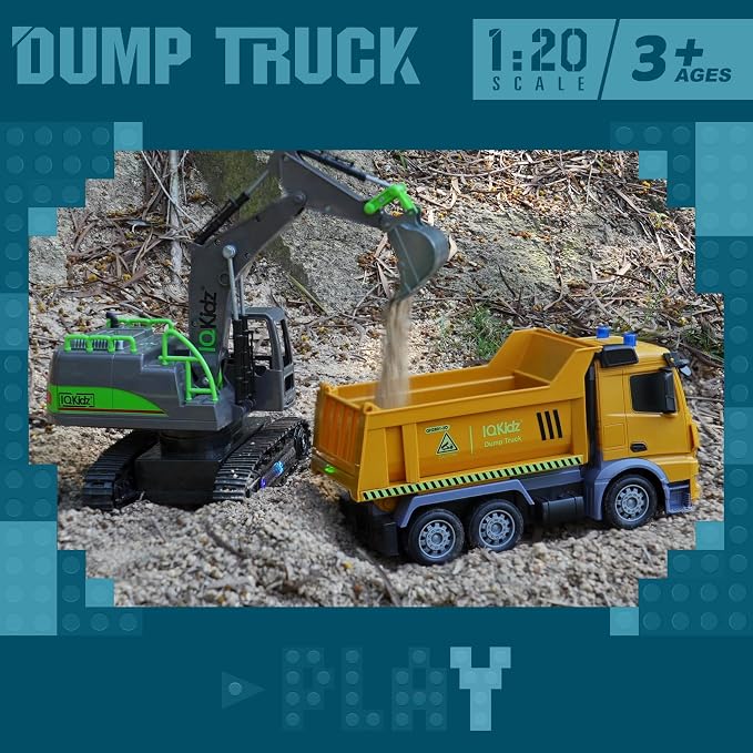 IQKidz Remote Control Dump Truck Toys - RC Construction Vehicles with Blue Warning Lights, Trucks Toy for Boys Girls 3 4 5-7 8 9 10 Year Old and Up, Best Birthday Gift Ideas for Kids Age 5-10