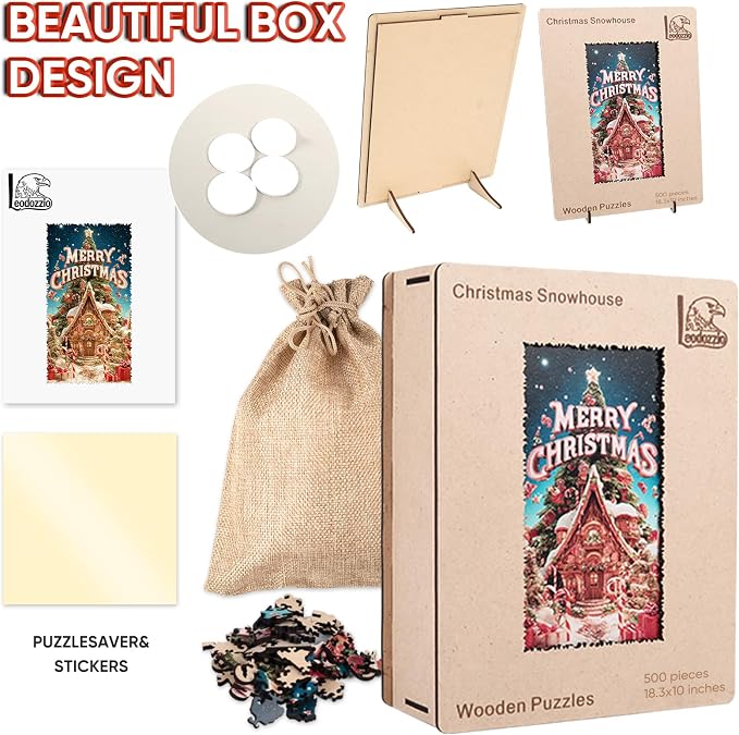 Leodozzio Christmas Tree Snowhouse Wooden Puzzles for Adults 500 Pieces, 5MM Unique Winter Shape Jigsaw Puzzle for Grandkids, Holiday Decoration Gifts, Family Game,10x18.3 in