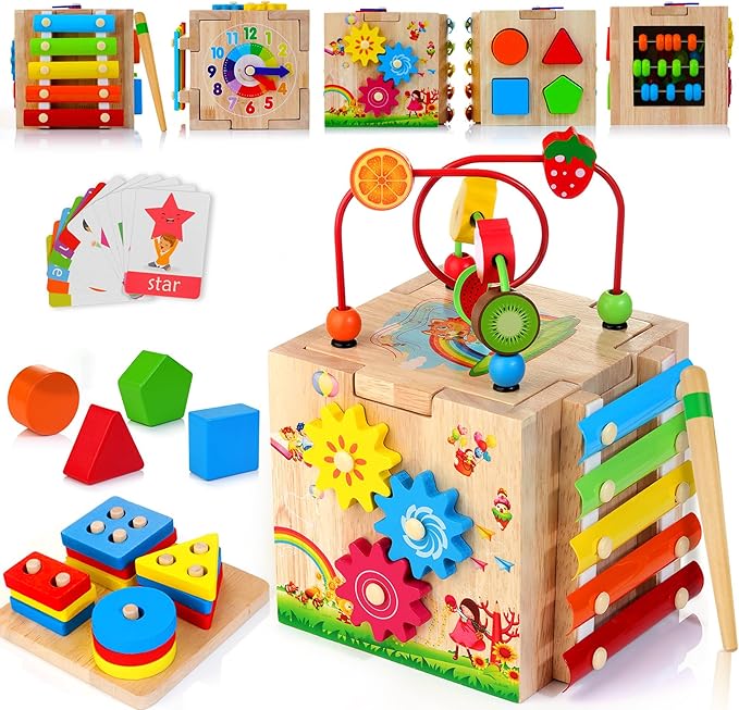 HELLOWOOD 8-in-1 Wooden Activity Cube for Kids, Sorting & Stacking Toys Shape Match Xylophone Montessori Learning Toy STEM Value Pack Gift for Boys Girls Toddlers-Light Pink Packaging