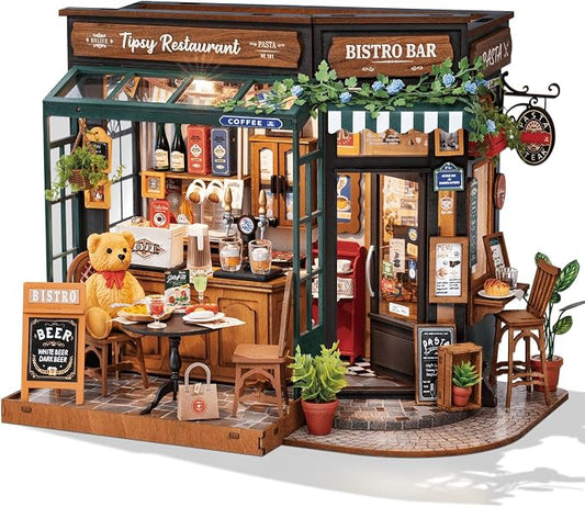 Rowood Miniature House Kits for Adults,DIY Mini House Building Set,Wooden Dollhouse Craft Kit with LED as Birthday (Tipsy Restaurant)