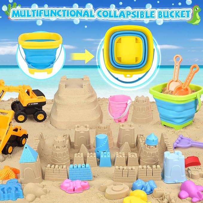 FHOZGECY Beach Sand Toys, 3 Construction Vehicles, 3 Collapsible Buckets, Sand Castle Molds with Travel Mesh Bags, Sandbox Play Set for Kids Ages 3-12, Multi‑Scene Play for Outdoor Summer Beach Games