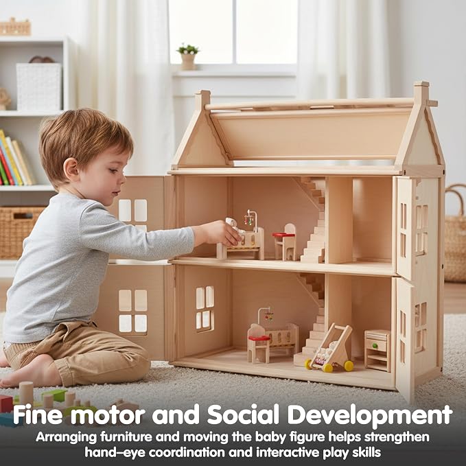 PlanToys® Wooden Nursery Dollhouse Furniture Set for Kids | Montessori Small World and Caregiving Pretend Play | Eco Friendly Wooden Dollhouse Baby Room Set for Imaginative Play